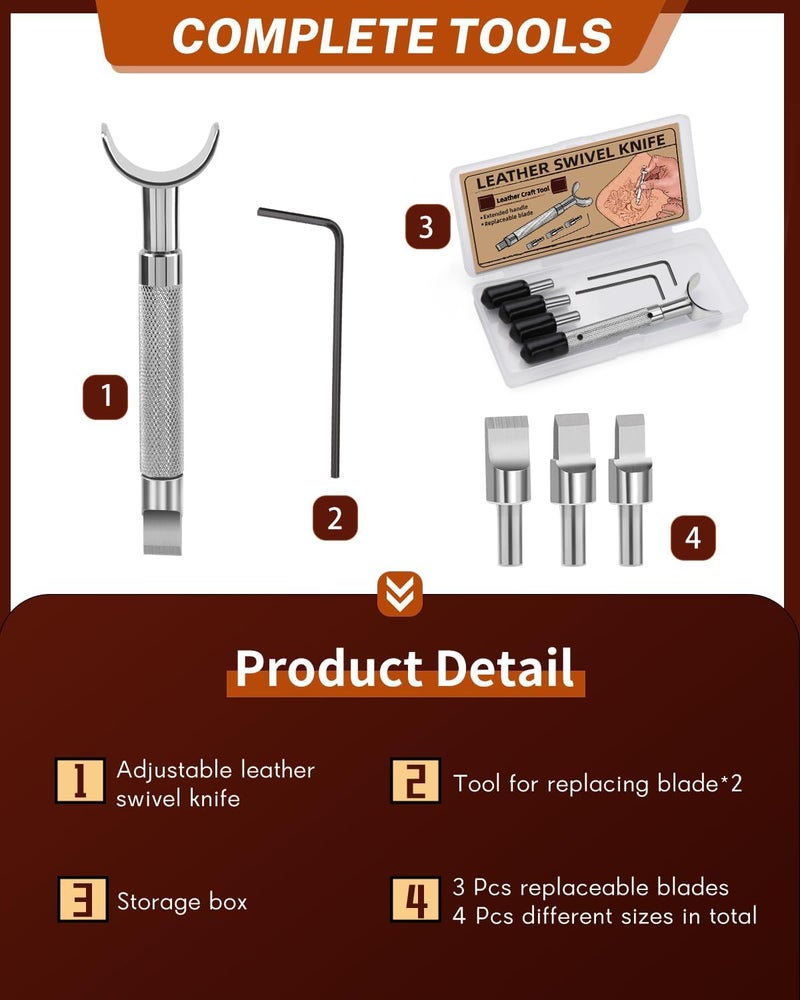 FOUSNOW Leather Swivel Knife, Leather Engraving Knife with Extended Handle, 3 Replaceable Blades for Engraving and Stamping, Professional Diy Craft Tool - Image 2